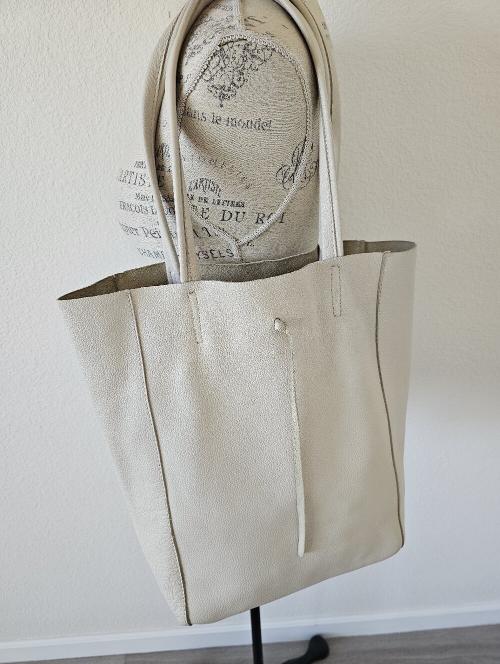 Italian Leather Tote Bag Off White Cream Pebbled Leather Shoulder Bag